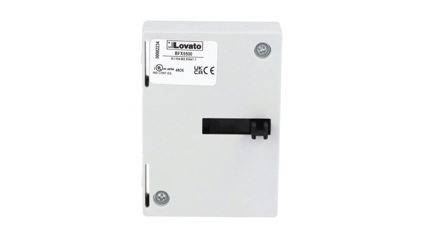 Interblocco meccanico Lovato BFX5500 per contattori BF160 e BF400, montaggio laterale, dimensioni compatte.