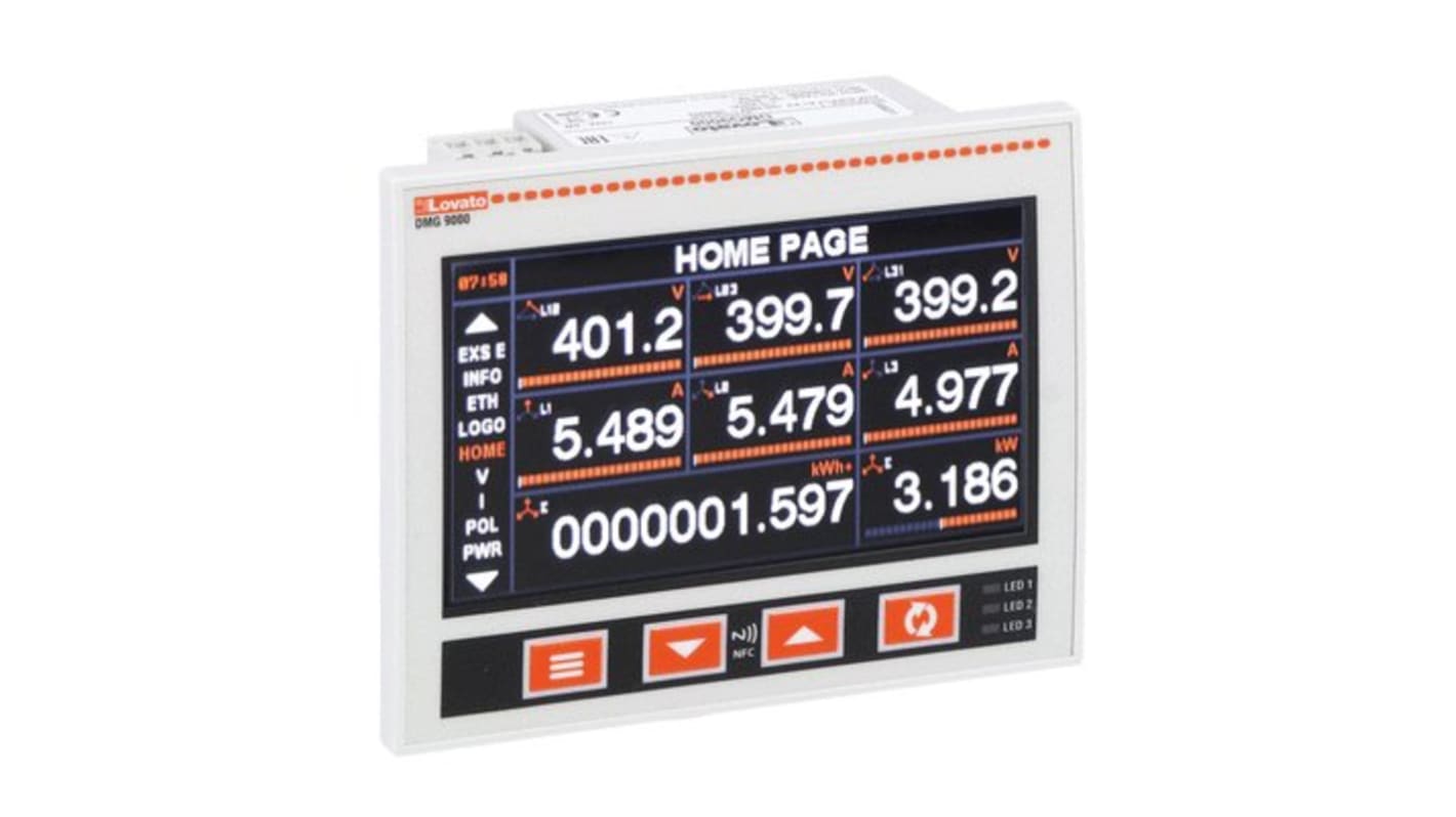 Lovato DMG8000, misuratore digitale multifunzione da pannello con LCD a colori, montaggio a filo, dimensioni 92mm x 92mm.
