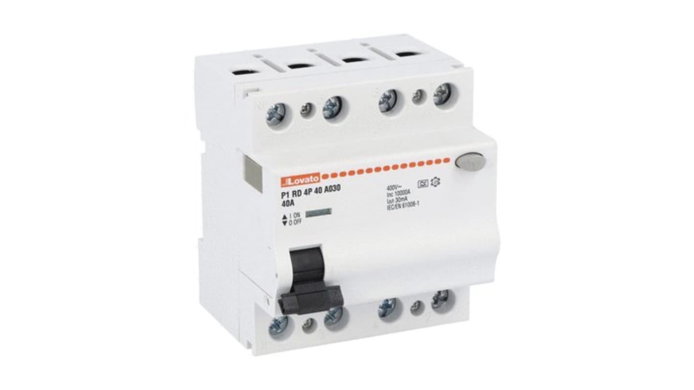Interruttore automatico Lovato P1RD4P40A030, 4 poli, 40A, tipo A, montaggio su guida DIN, classe di protezione IP20.