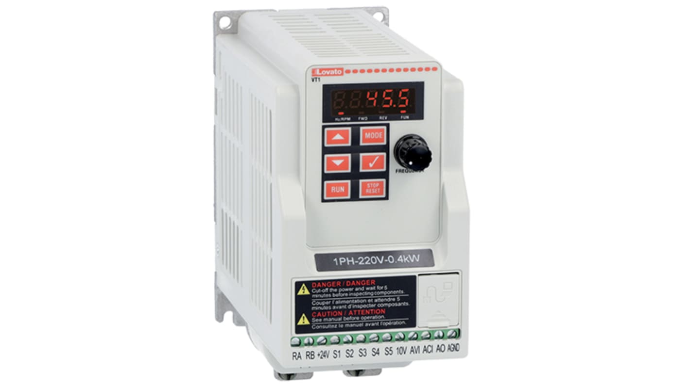 Modulo di comunicazione Lovato VT104A240, monofase, 200-240 V CA, porta RS485, potenza 0,4 kW, lunghezza 141 mm.