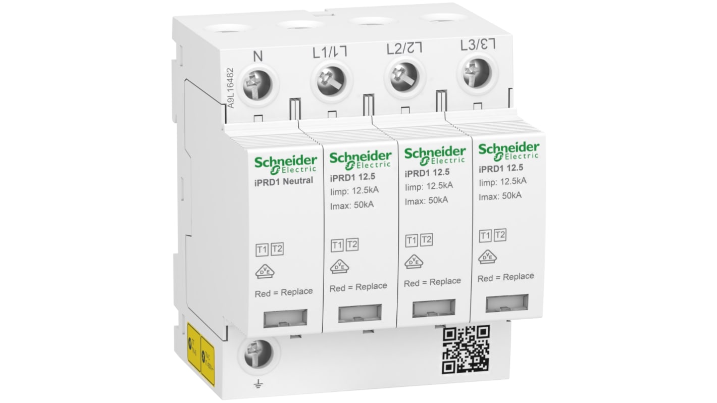 Scaricatore di sovratensione Schneider Electric Acti9 A9L16482, 1,5kV, 3P+N, montaggio a clip, reportistica remota.