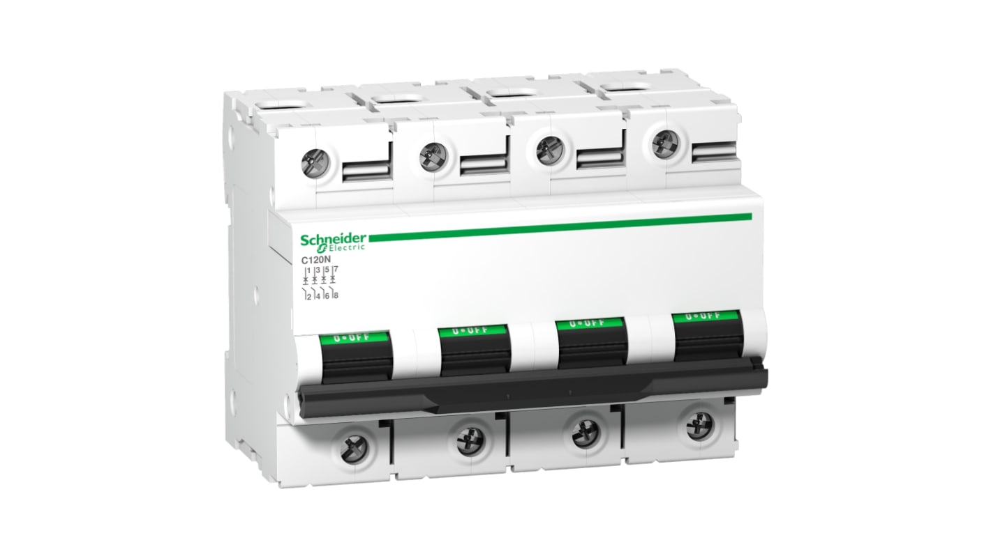 Interruttore magnetotermico 4 poli Schneider Electric A9N18377, 125A, 440V, protegge da cortocircuiti e sovraccarichi.