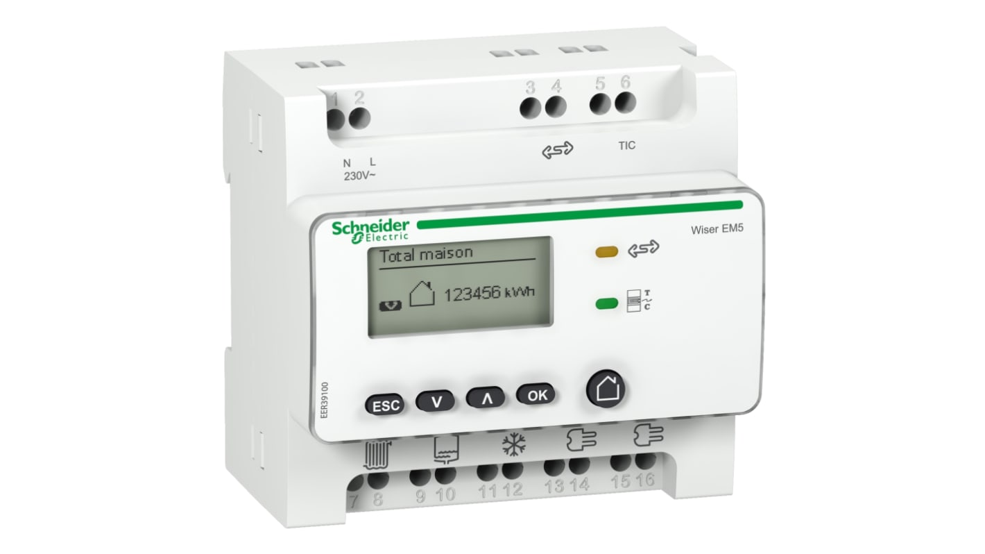 Contatore di energia monofase LCD Schneider Electric EER39300, misura il consumo energetico e visualizza potenza istantanea.