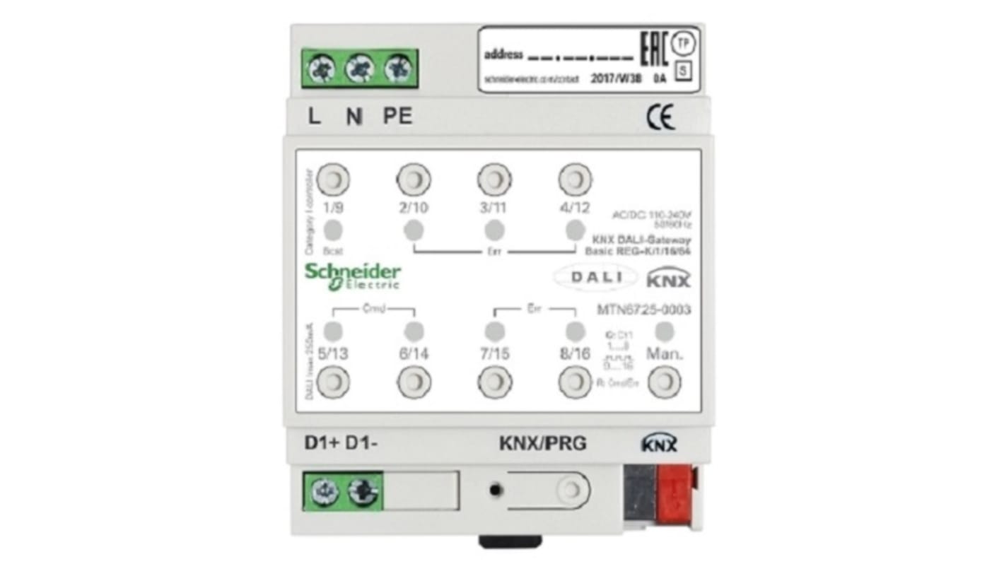 Gateway Schneider Electric MTN6725-0003, KNX DALI, alimentazione 100-240 V, controllo DALI, integrato e sostenibile.