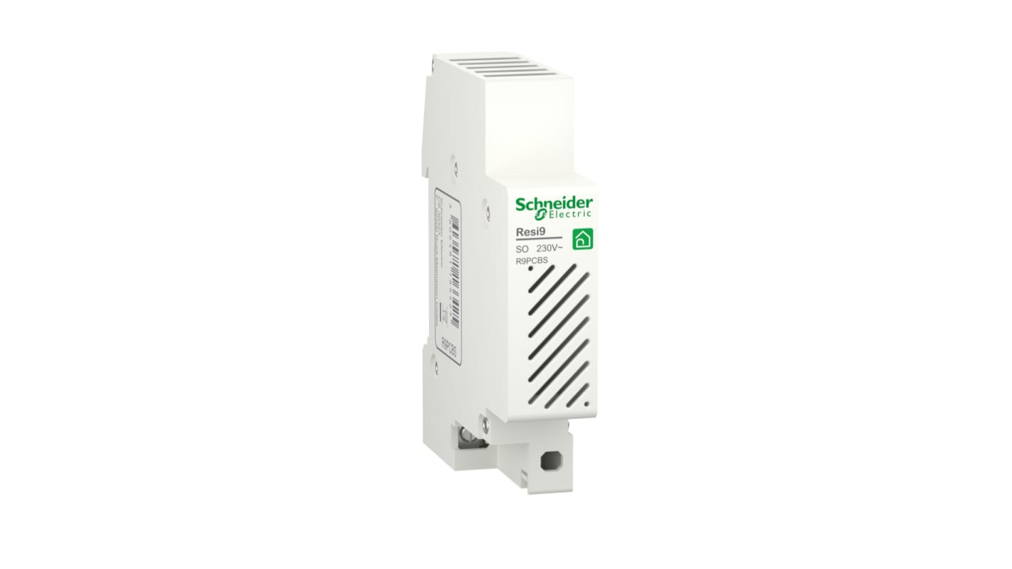 Campanello elettronico Schneider Electric R9PCBS, alimentazione 230 V, segnalazione acustica 80 dB, montaggio a clip, grado di protezione IP40.