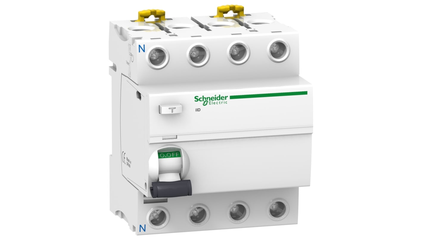 Interruttore automatico a corrente residua Schneider Electric A9R14491, 4 poli, 100A, 300mA, per protezione perdite di terra.