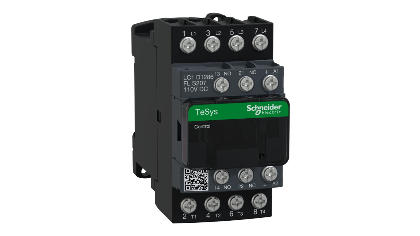 Contattore Schneider Electric LC1D1286FLS207, 4 poli, 25 A, 110 V c.c., 440 V contatto, 2 NO + 2 NC, per controllo motore.