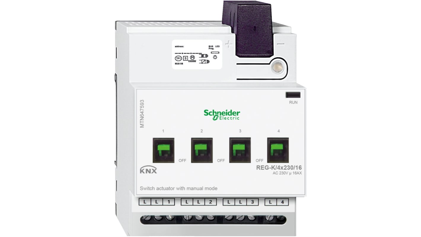 Attuatore interruttore Schneider Electric MTN647593, 230 V, per commutazione carichi, con funzioni di ritardo e illuminazione scale.
