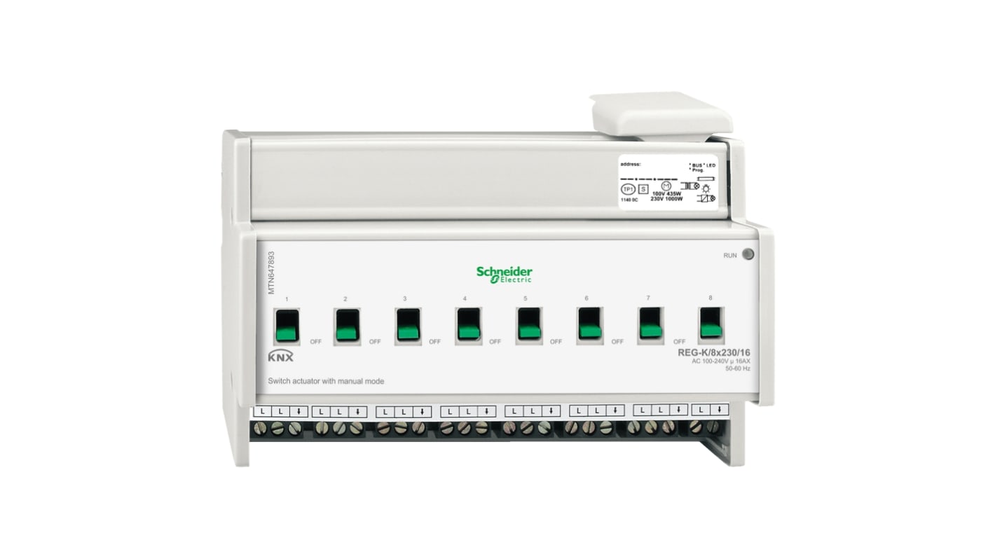 Attuatore interruttore Schneider Electric MTN647893 per carichi indipendenti. Tensione di alimentazione 100-240 V. Commutazione, ritardi e illuminazione scale.