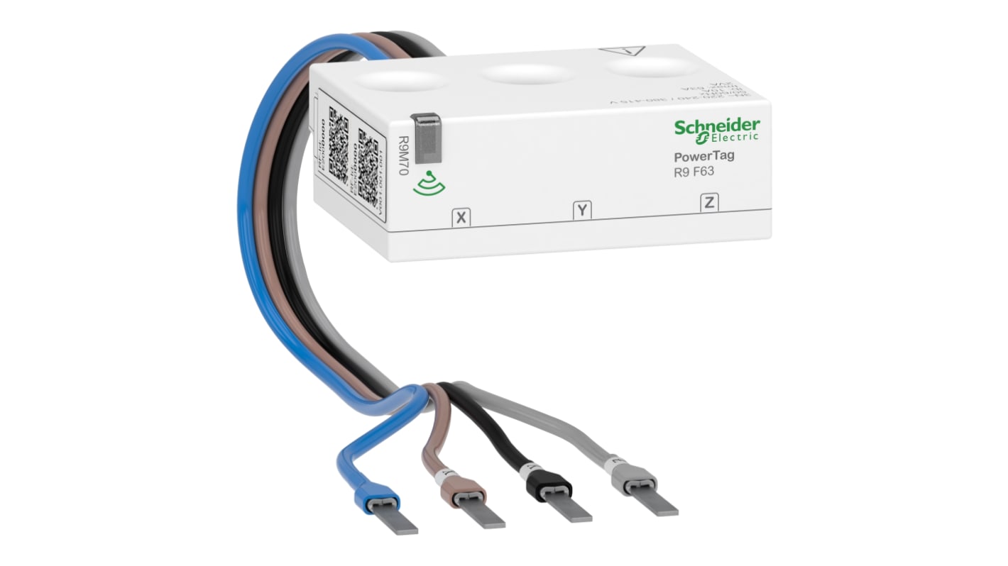 Sensore di energia wireless Schneider Electric PowerTag, corrente nominale 63 A, compatibile con Resi9, design flessibile per installazione.