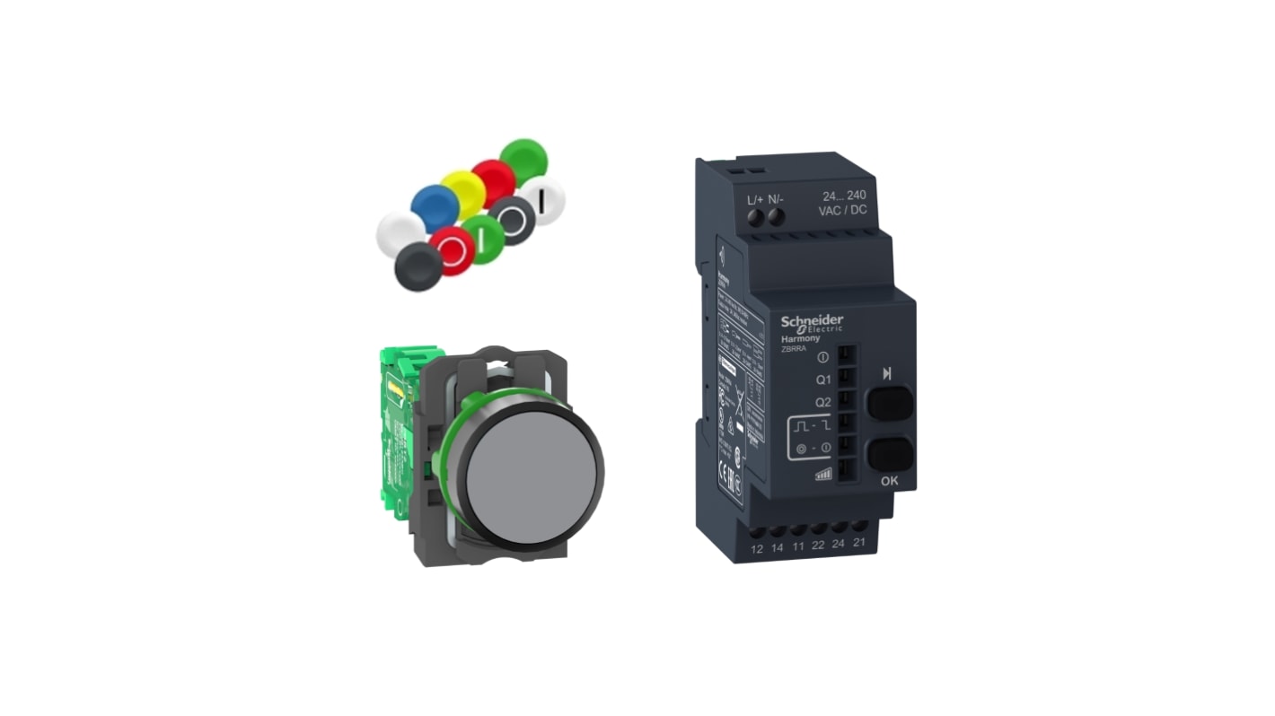 Trasmettitore a pulsante rotondo Schneider Electric XB5, montaggio a pannello, 22mm, illuminato, 240V.