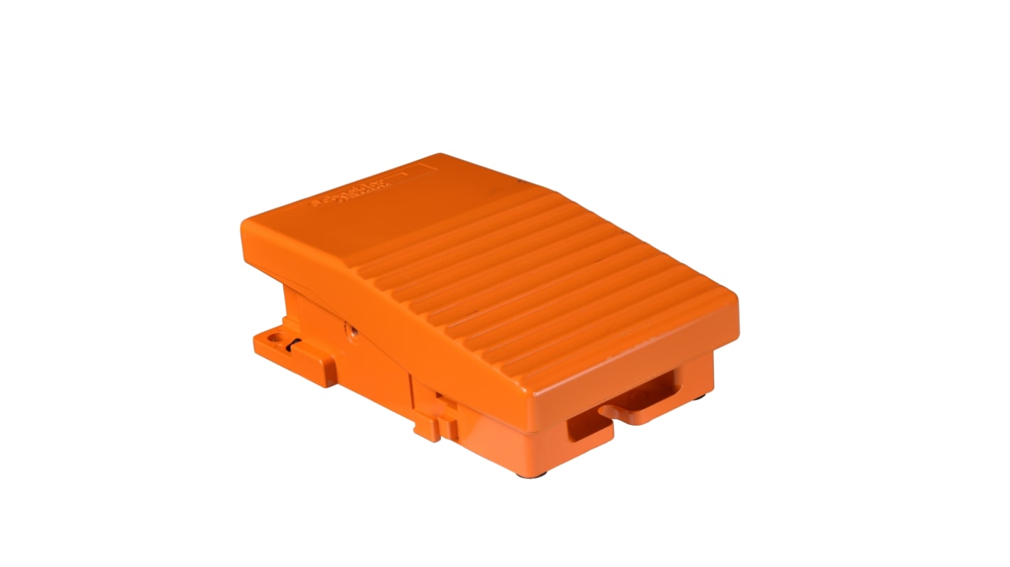 Interruttore a pedale Schneider Electric XPER211, 2NC/2NO, colore arancione metallico, progettato per operazioni momentanee.