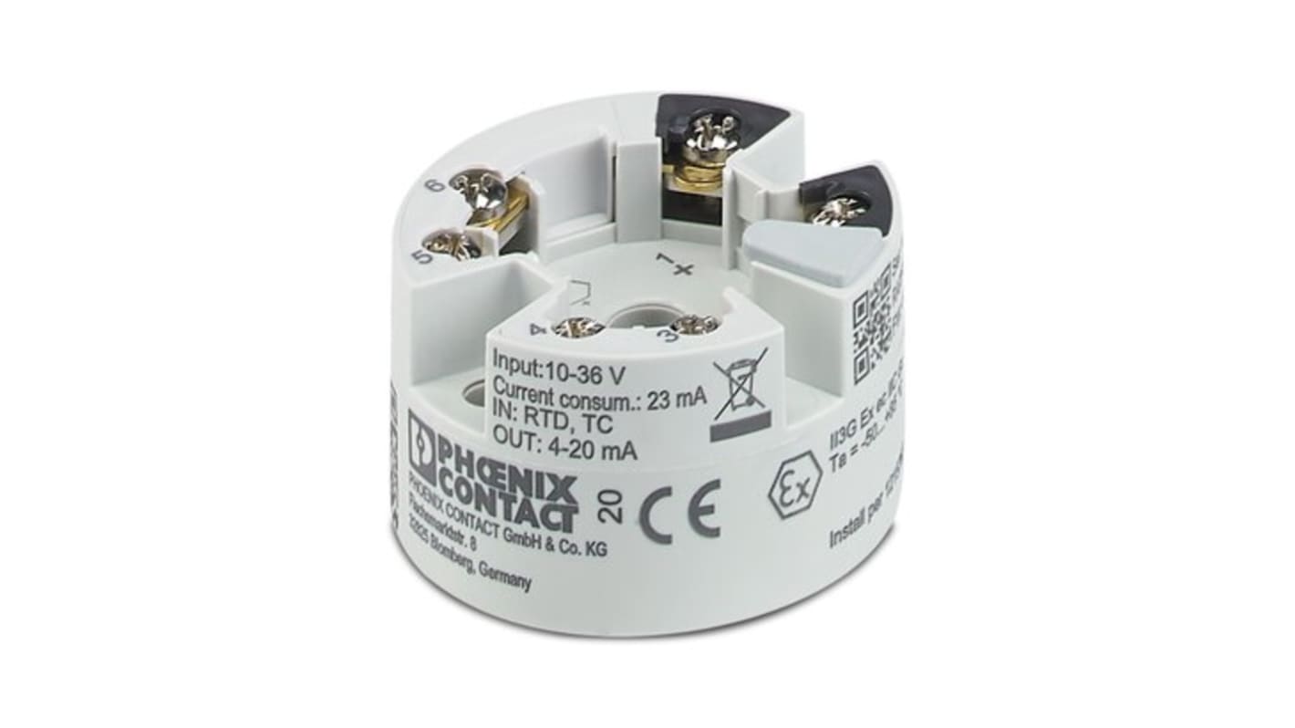 Trasmettitore di temperatura Phoenix Contact 1145210, ingresso -250 a 2500 °C, montaggio su testa, alimentazione 36 V CC.