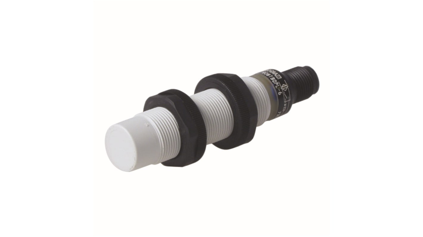 Carlo Gavazzi EI1808TBCPL-6, sensore induttivo cilindrico M18, rilevamento 8 mm, uscita NC, IP67, alimentazione 20-250 V.
