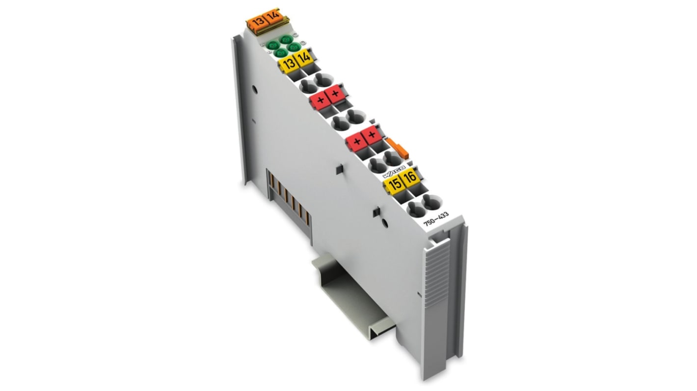 Modulo di ingresso digitale Wago 750-433, 4 ingressi, alimentazione 24 V c.c., contenitore in policarbonato.