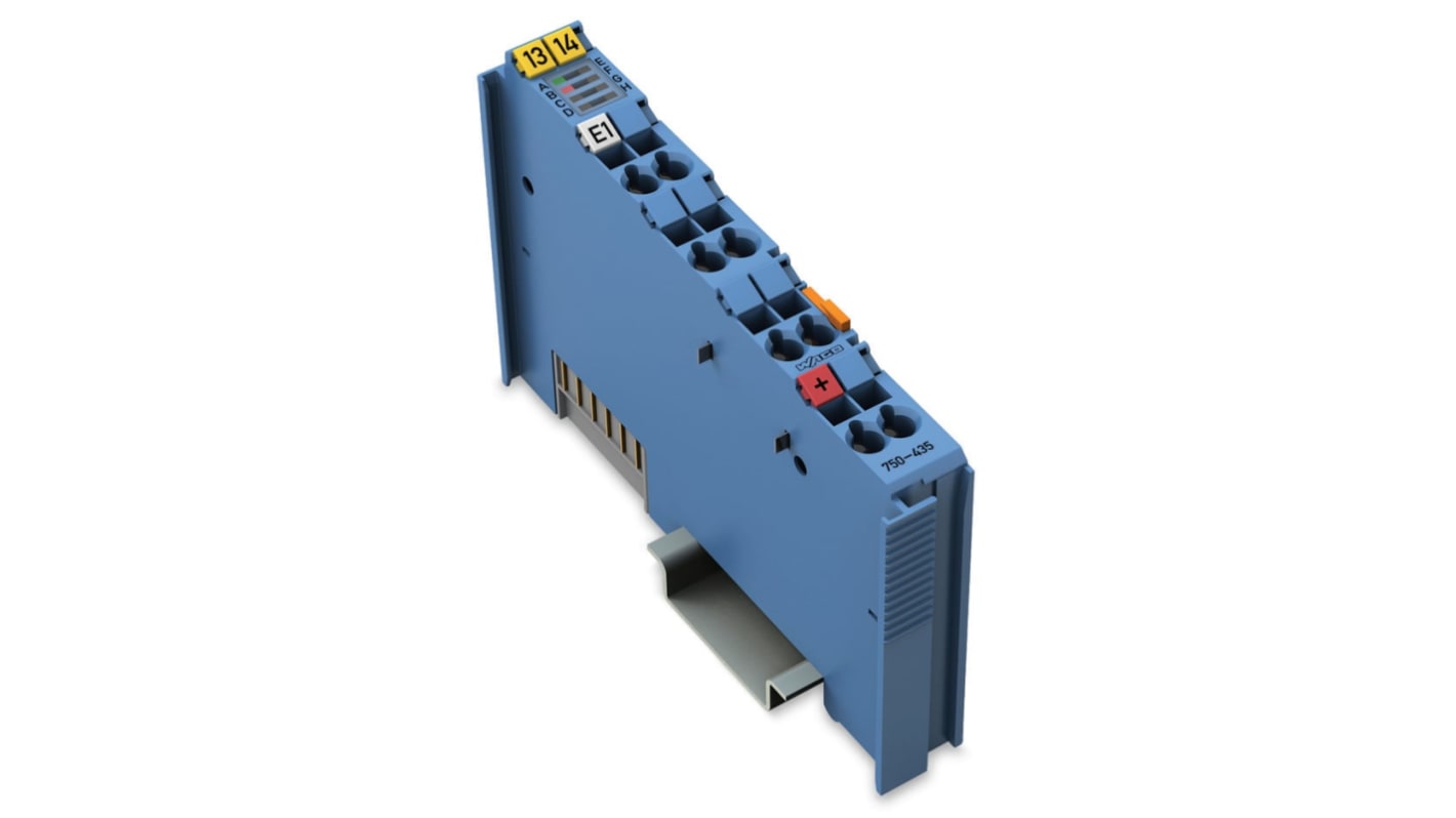 Modulo di ingresso digitale Wago 750-435, 16 canali, alimentazione 24 V c.c., montaggio su guida DIN 35, conforme RoHS.