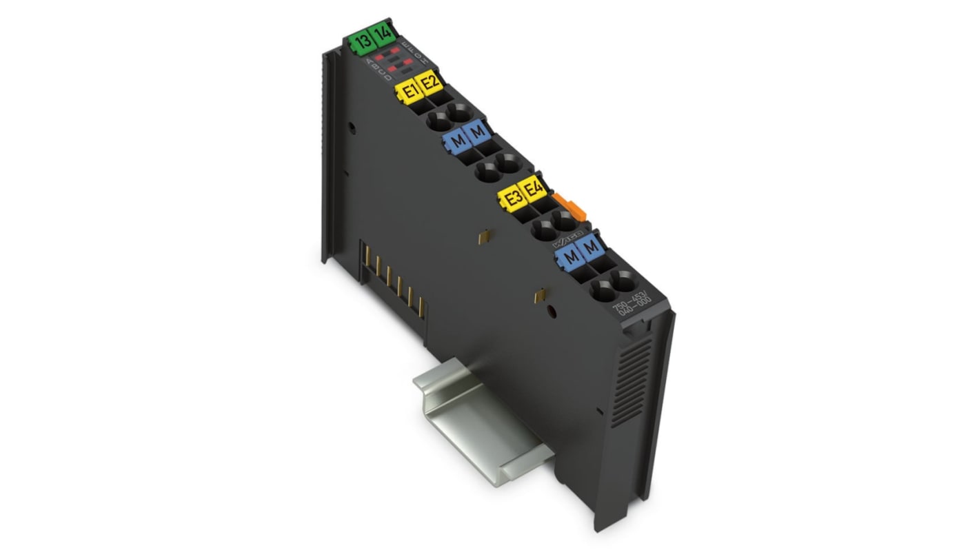 Modulo di ingresso analogico Wago 750-453/040-000, quattro ingressi, alimentazione 24 V c.c., temperatura operativa 0-55 °C.