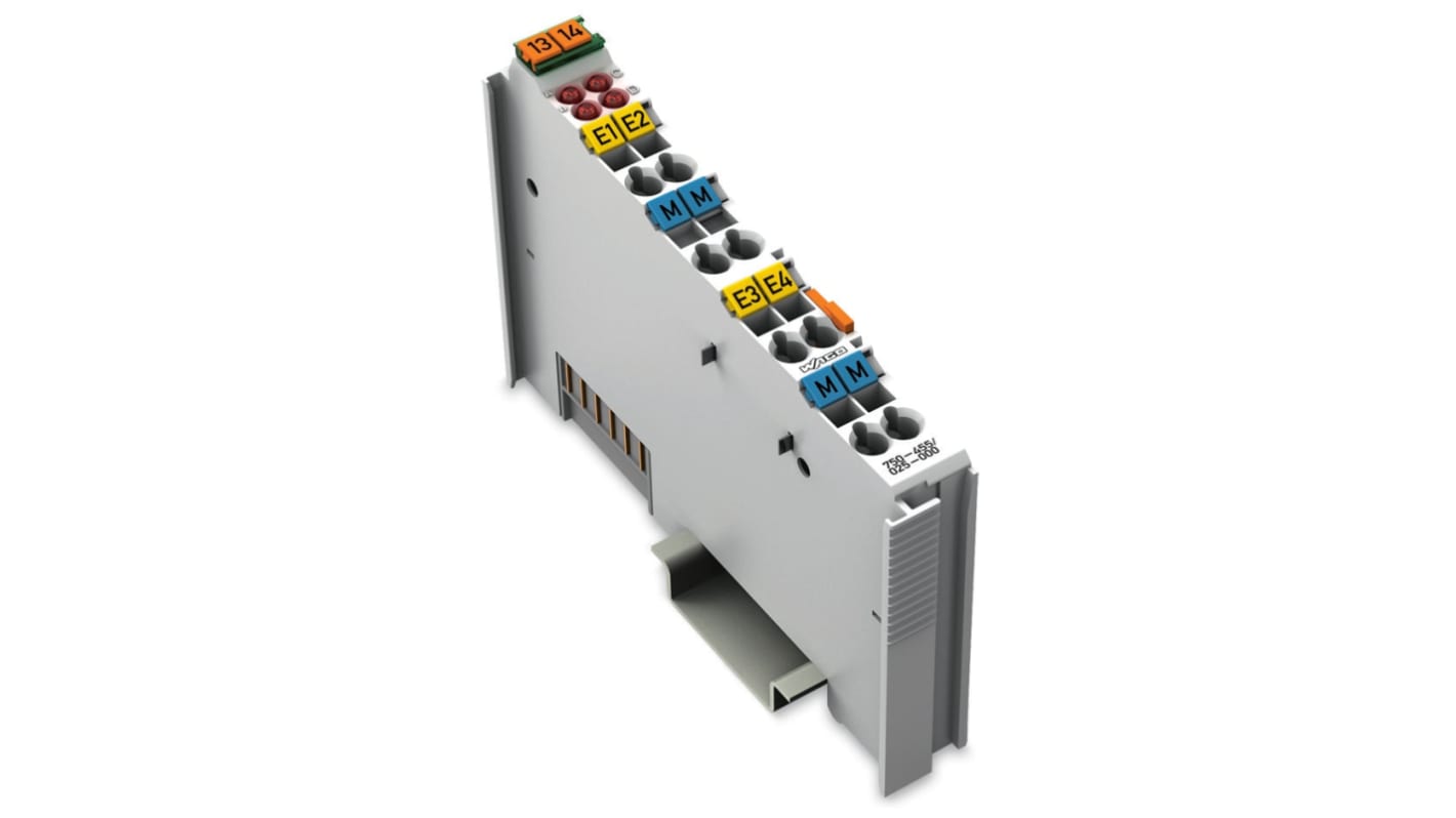 Modulo di ingresso analogico Wago 750-455/025-000, quattro ingressi, alimentazione 24 V c.c., temperatura operativa 0-55 °C.