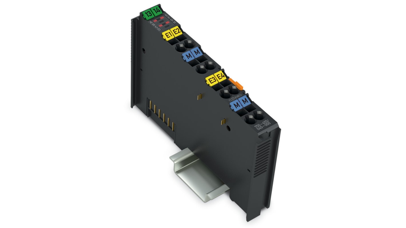 Modulo di ingresso analogico Wago 750-455/040-000 per PLC, 4 ingressi, alimentazione 24 V c.c., temperatura operativa 0-55 °C.