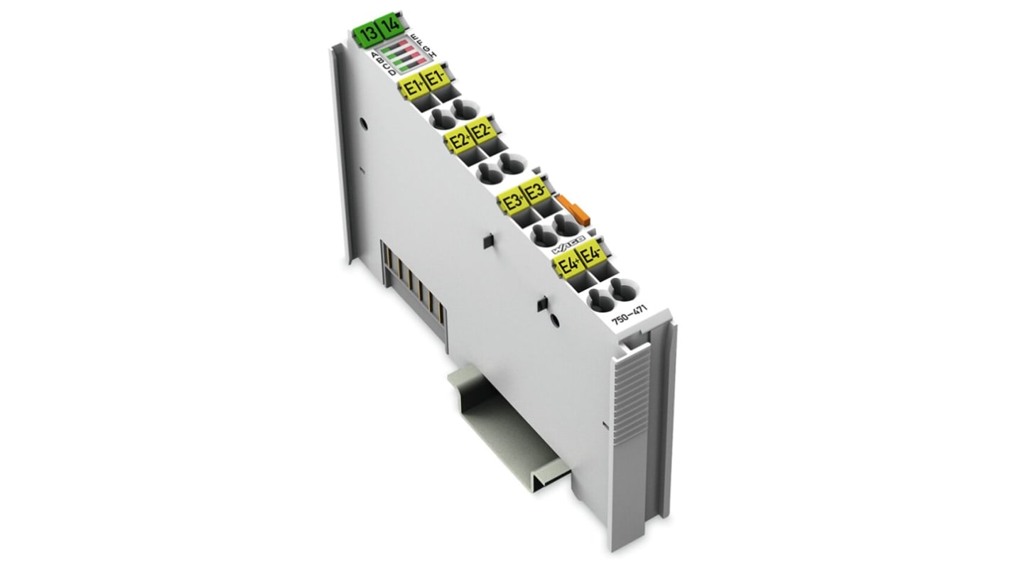 Modulo di ingresso analogico Wago 750-471 per PLC, 4 ingressi, alimentazione 24 V c.c., temperatura operativa 0-55 °C.