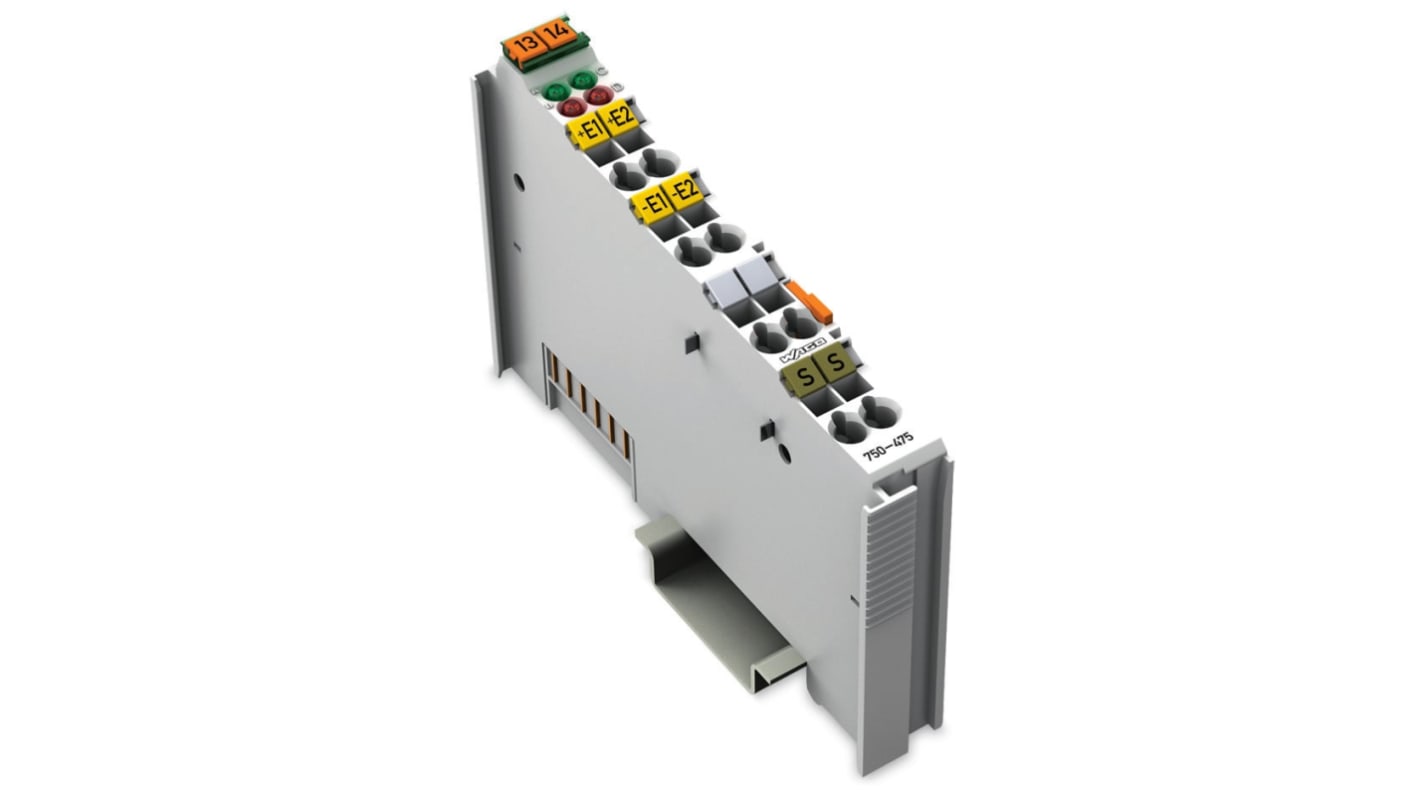 Modulo di ingresso analogico Wago 750-475, 2 canali, alimentazione 24 V c.c., montaggio su guida DIN 35, materiale policarbonato.
