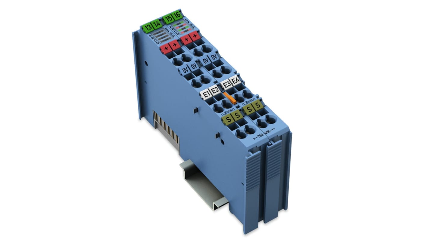 Modulo di ingresso analogico Wago 750-486 per PLC, 4 ingressi, alimentazione 24 V c.c., temperatura operativa 0-55 °C.
