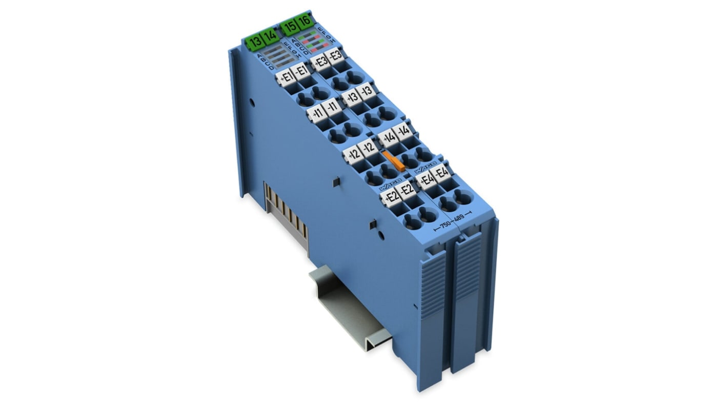 Modulo di ingresso analogico Wago 750-489, 4 ingressi, alimentazione 24 V c.c., temperatura operativa 0-55 °C.
