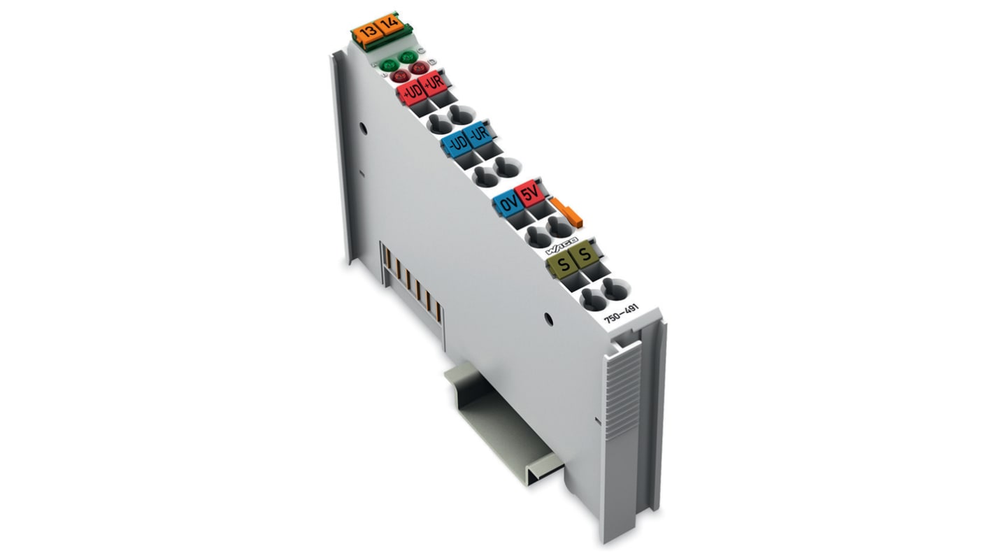 Modulo di ingresso analogico Wago 750491 per PLC, 1 ingresso, alimentazione 5 V CC, temperatura operativa 0-55 °C.