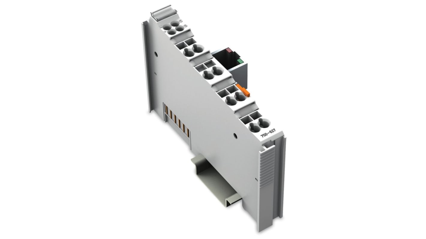 Modulo I/O Wago 750-627 per PLC, montaggio su guida DIN, alimentazione 5 V CC, connessione RJ-45, grado di protezione IP20.
