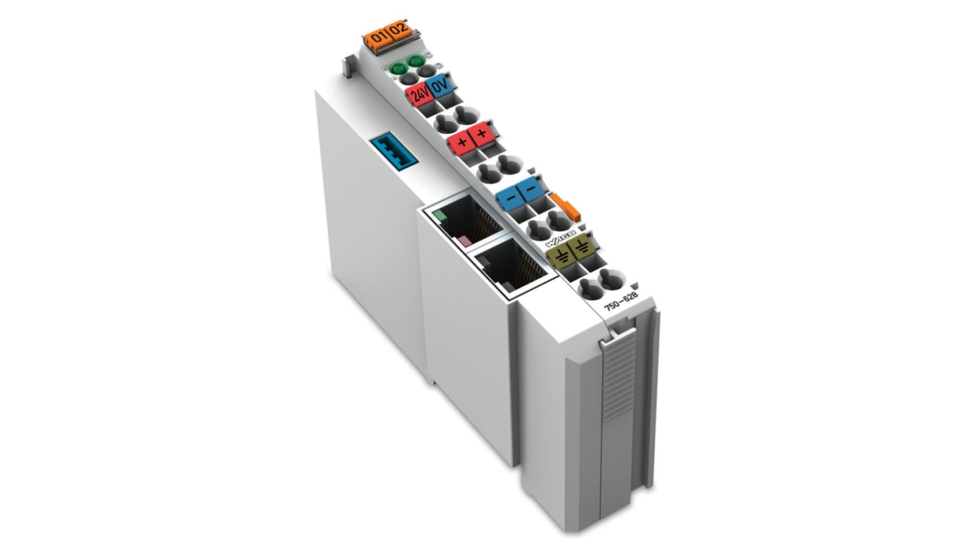 Modulo I/O Wago 750-628 per PLC, montaggio su guida DIN-35, protezione IP20, alimentazione 24 V c.c., connettore RJ-45.