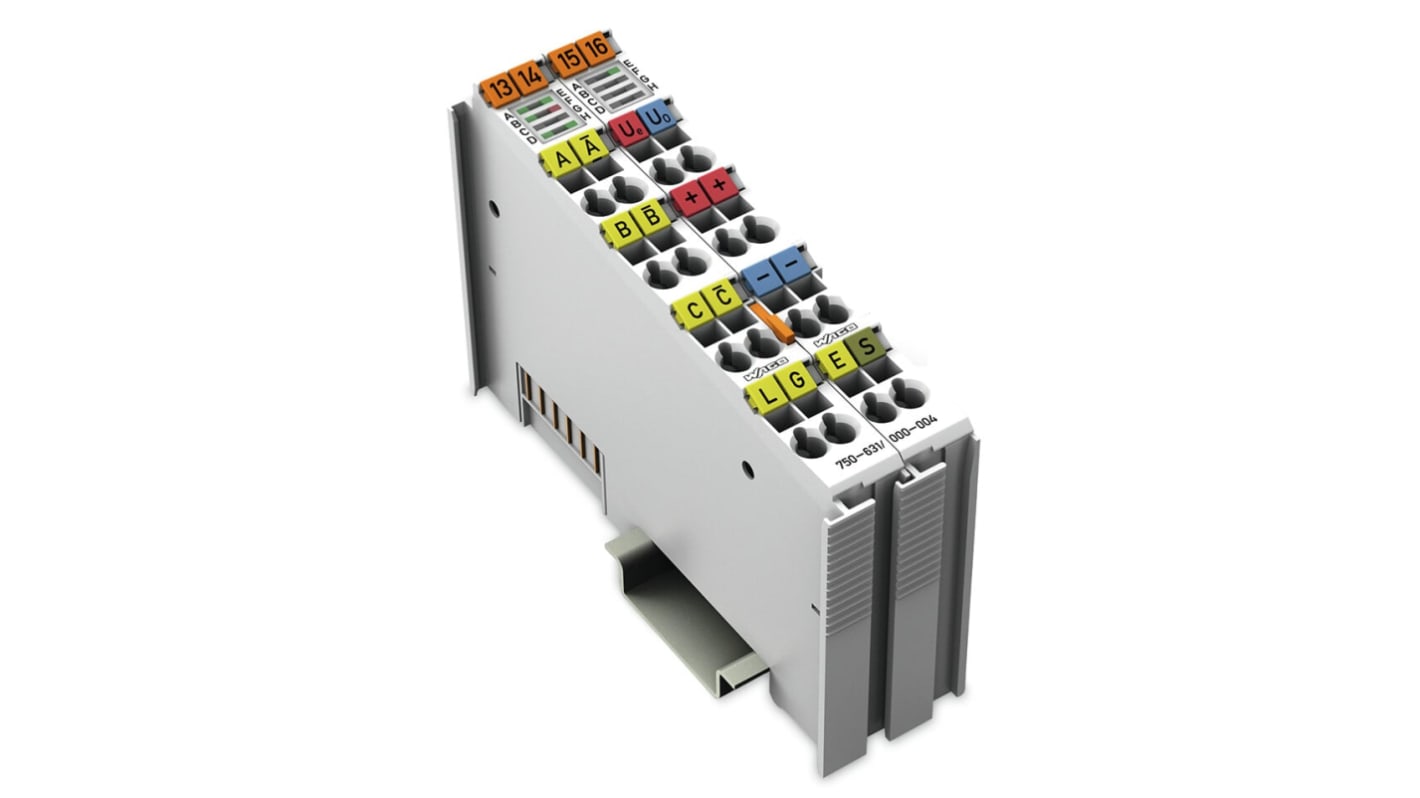 Modulo di interfaccia Wago 750-631/000-010 per PLC, alimentazione 5 V CC, montaggio su guida DIN, contenitore in policarbonato.