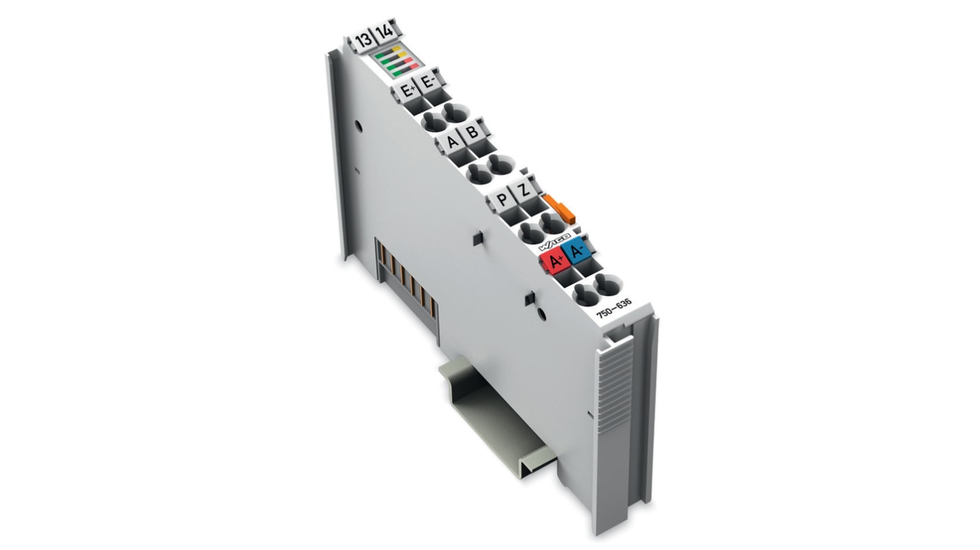 Modulo di controllo motori c.c. Wago 750-636, singolo canale, 24 V c.c., 5 A, con feedback di posizione incrementale.