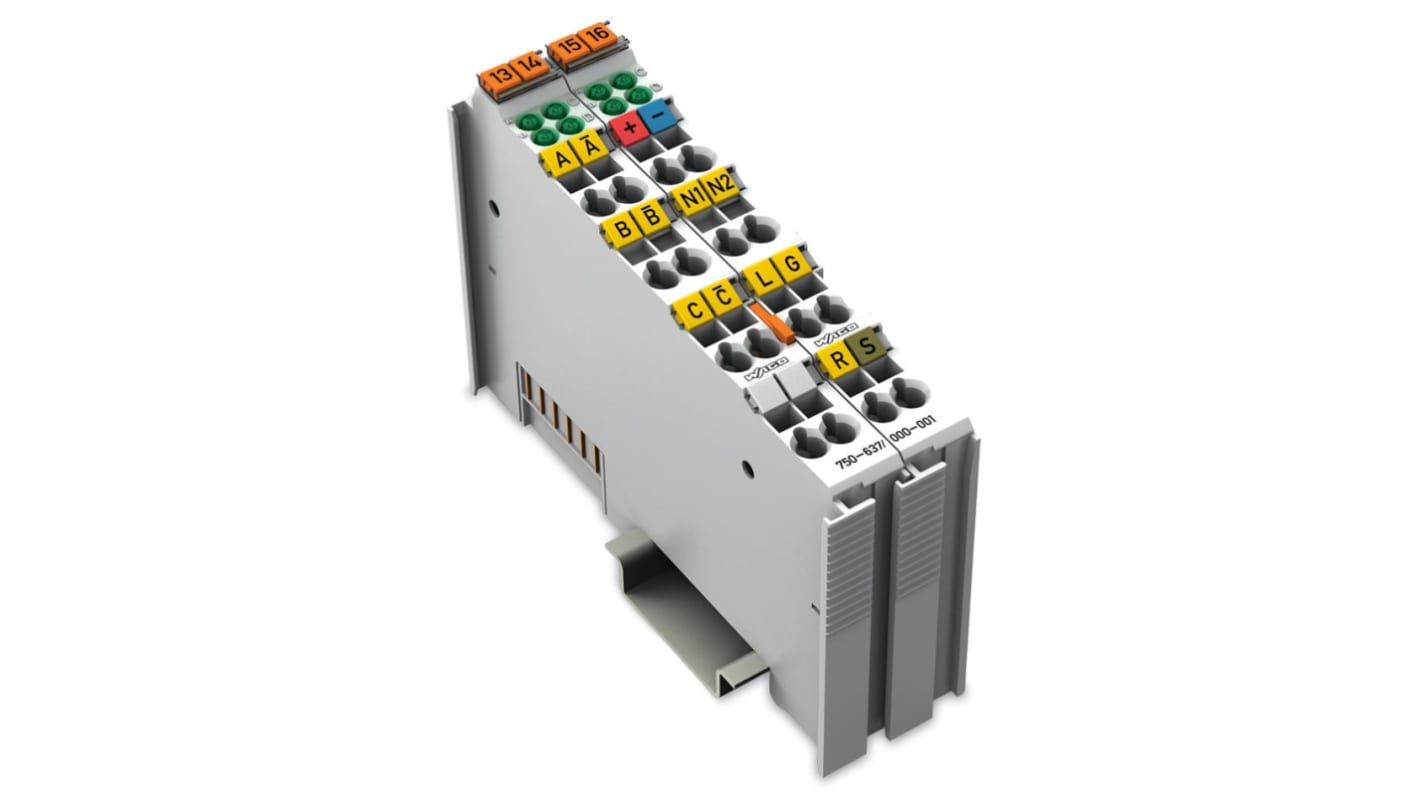 Modulo di interfaccia Wago 750-637/000-001 per PLC, alimentazione 5 V CC, montaggio su guida DIN, contenitore in policarbonato.