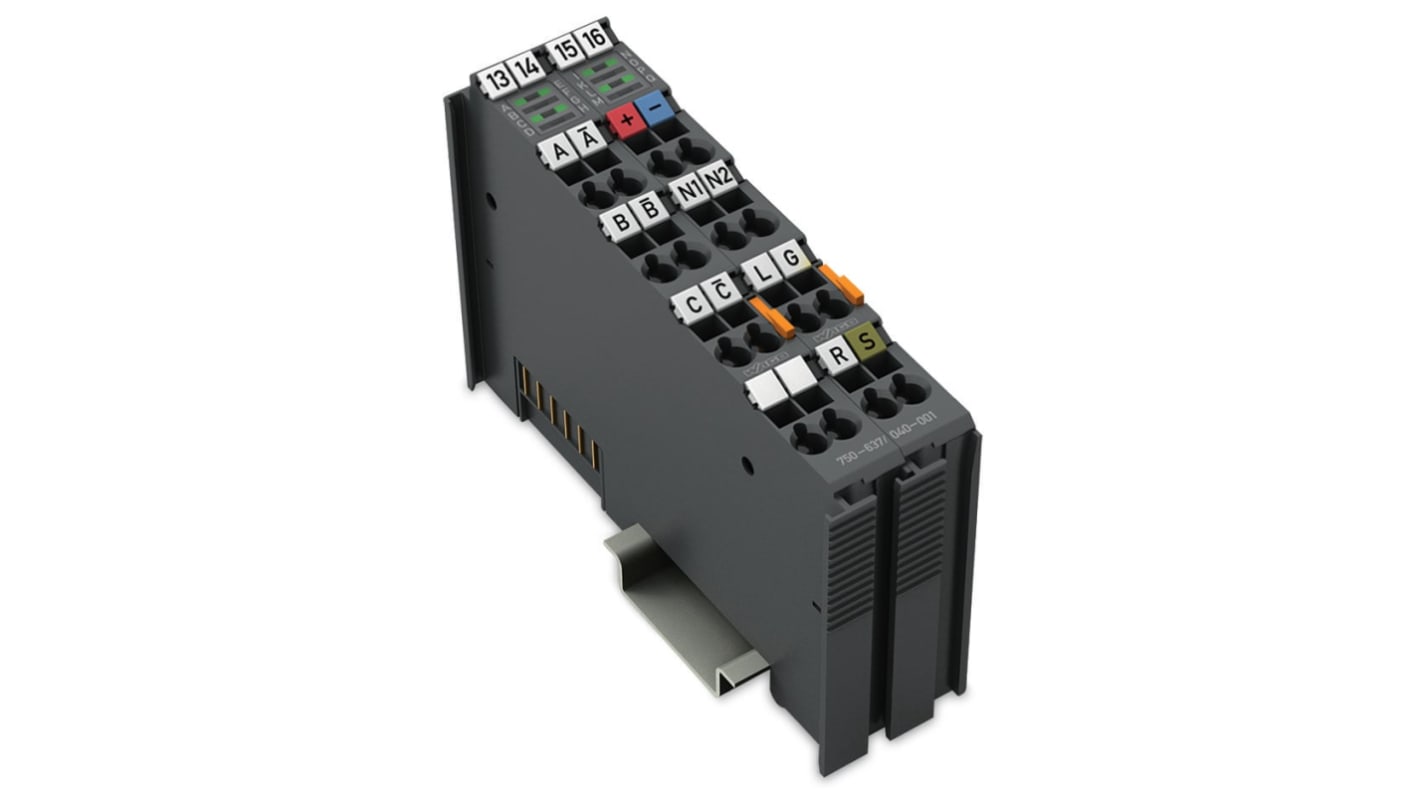 Modulo di interfaccia Wago 750-637/040-001 per PLC, alimentazione 5 V CC, montaggio su guida DIN, contenitore in policarbonato.