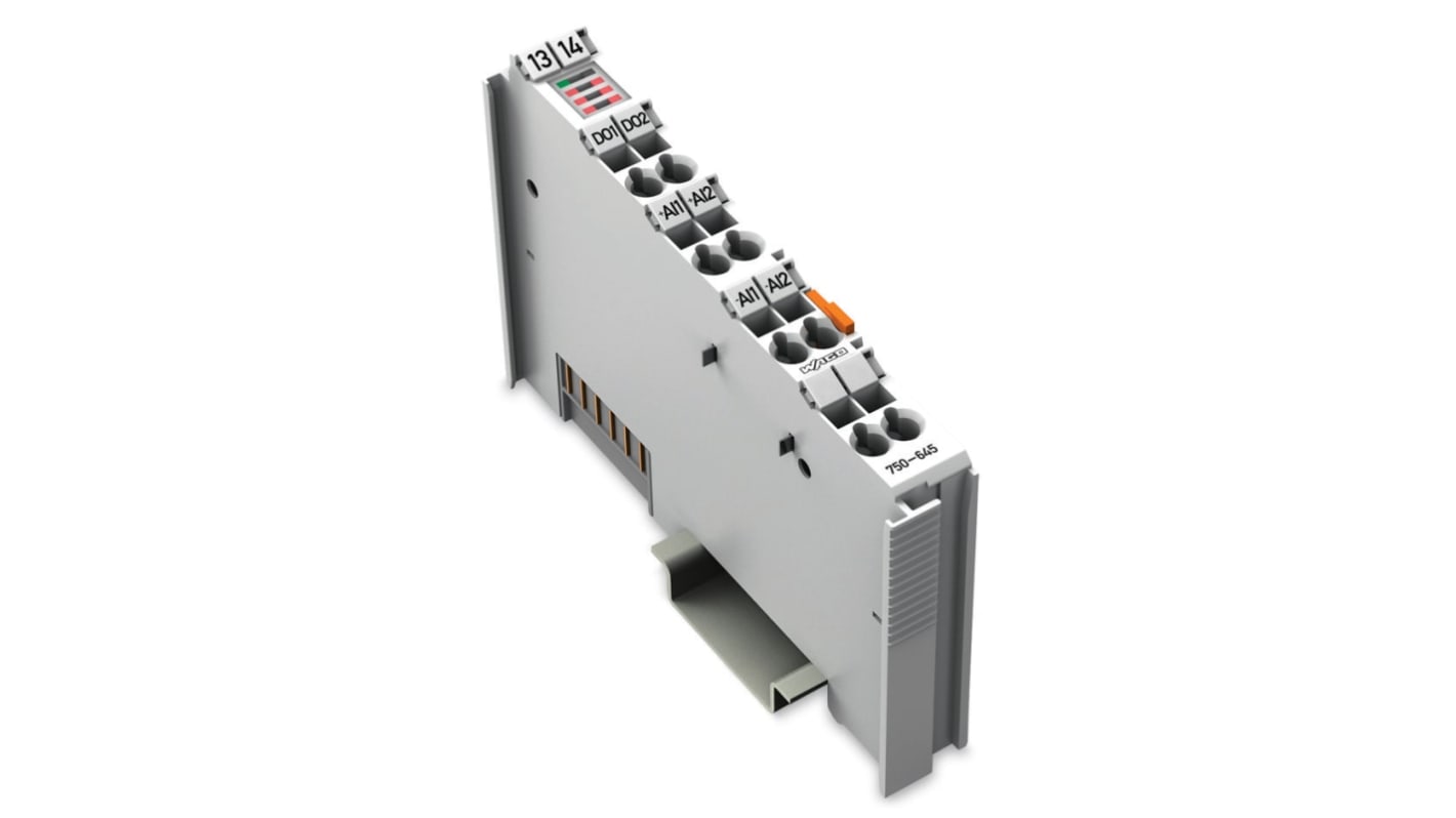 Modulo I/O Wago 750-645 per monitoraggio vibrazioni, montaggio su guida DIN 35, alimentazione 24 V c.c., uscita digitale.