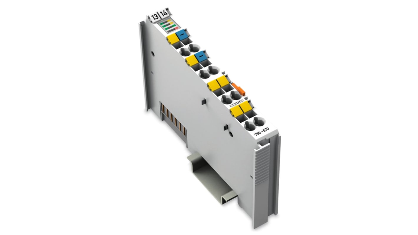 Wago 750-670, controller per motori passo passo, alimentazione 24 V c.c., montaggio su guida DIN 35, interfaccia a impulsi.