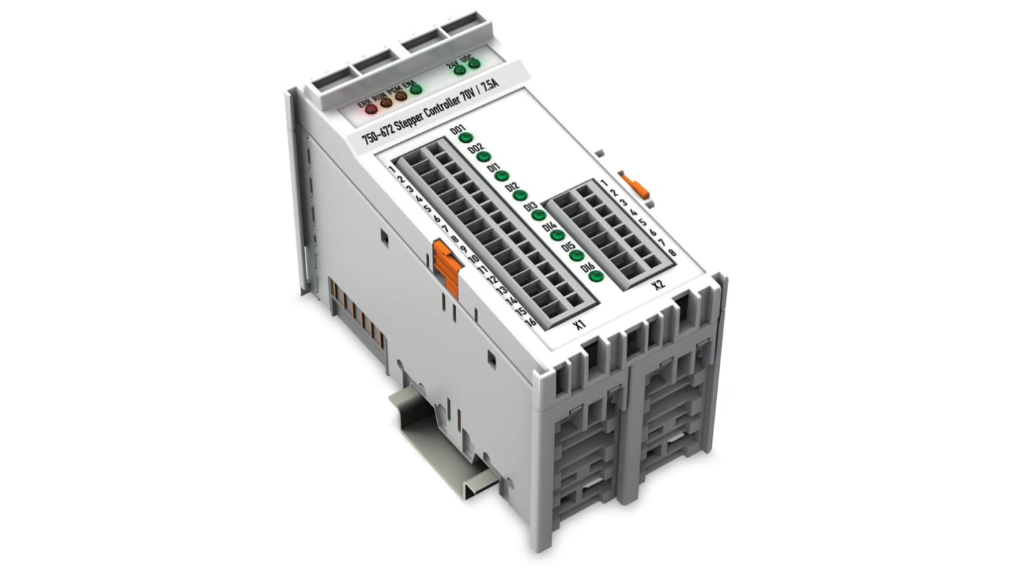 Wago 750-672, controller per motori passo passo, 2 fasi, 7,5 A, montaggio su guida DIN-35, grado di protezione IP20.