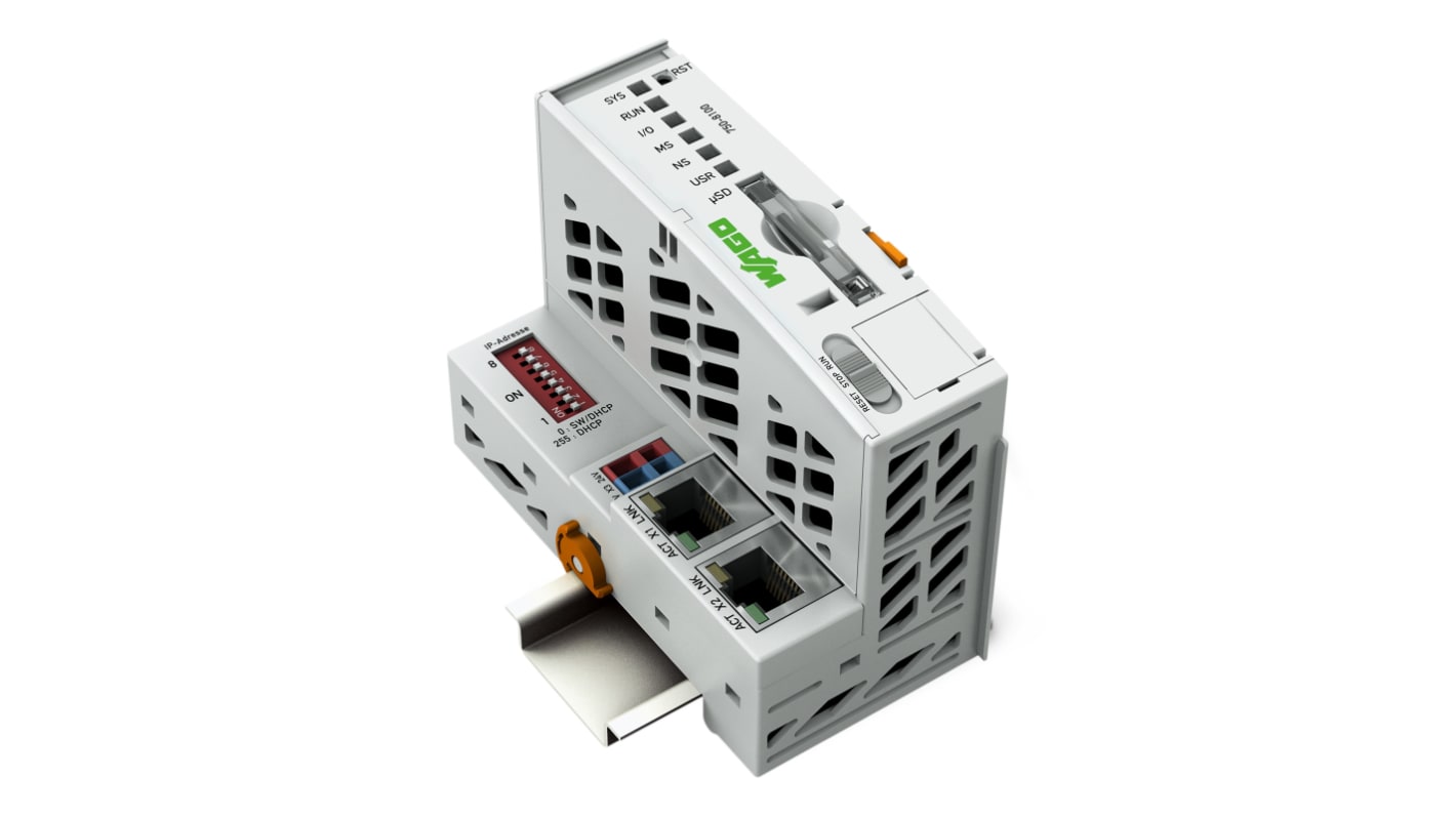 Modulo di comunicazione Wago 750-8100, controller PLC compatto con ingressi 2 e interfacce Ethernet integrate.
