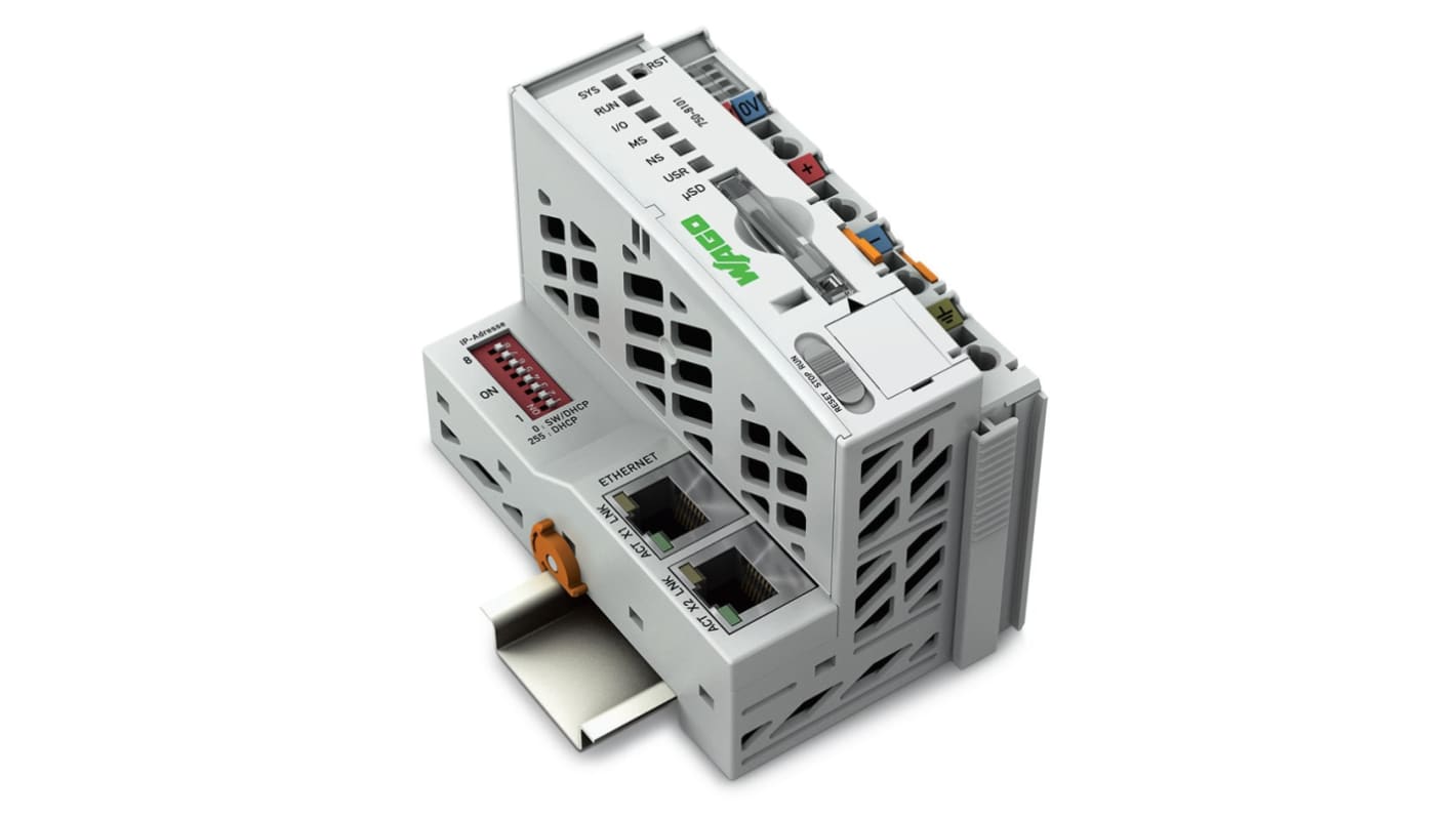 Modulo di comunicazione Wago 750-8101 PFC100, 2 porte Ethernet, alimentazione 24 V, grado di protezione IP20.