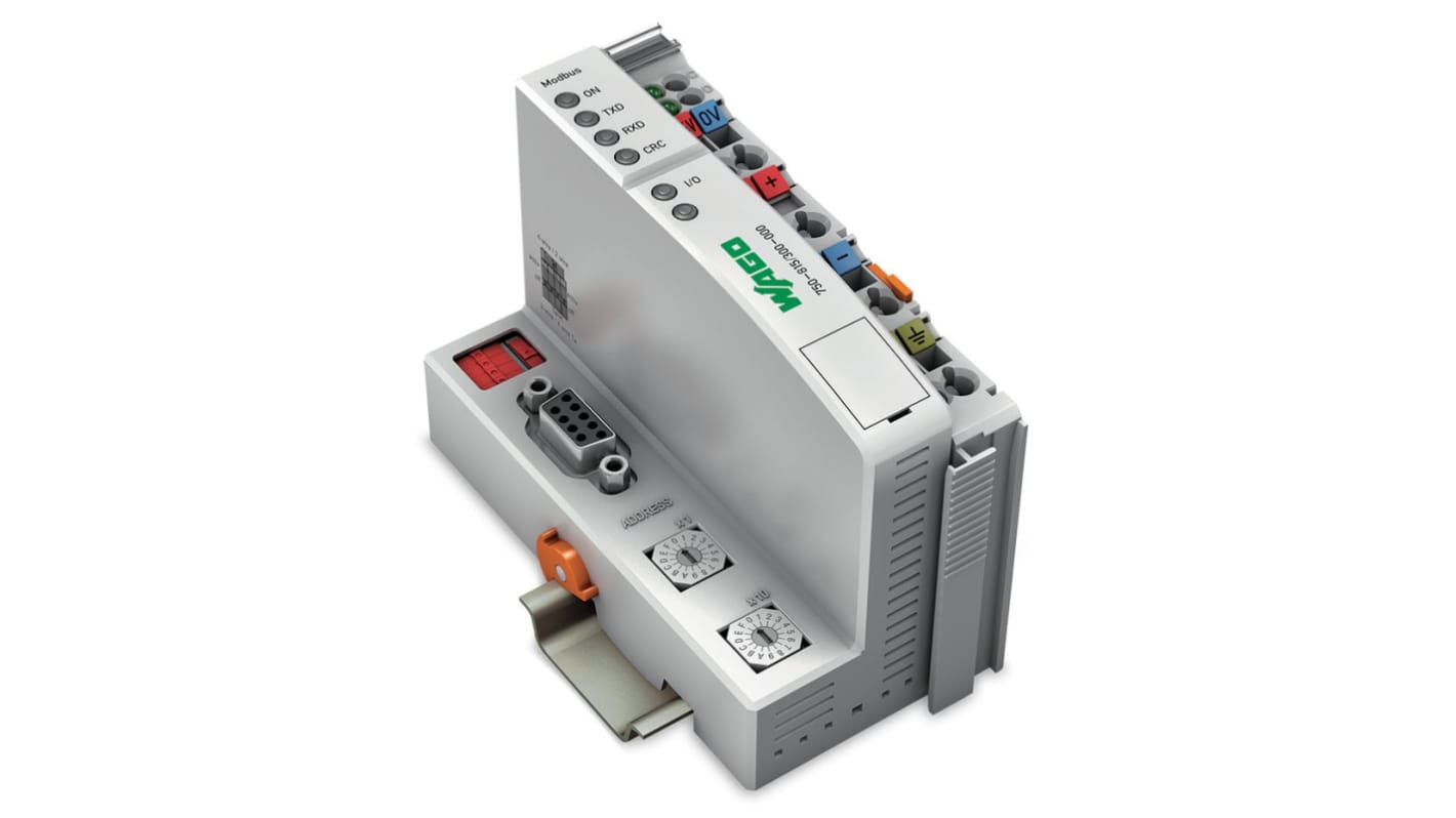 Wago 750-815/300-000, controller MODBUS compatto per sistema I/O, montaggio su guida DIN 35, alimentazione 24 V.