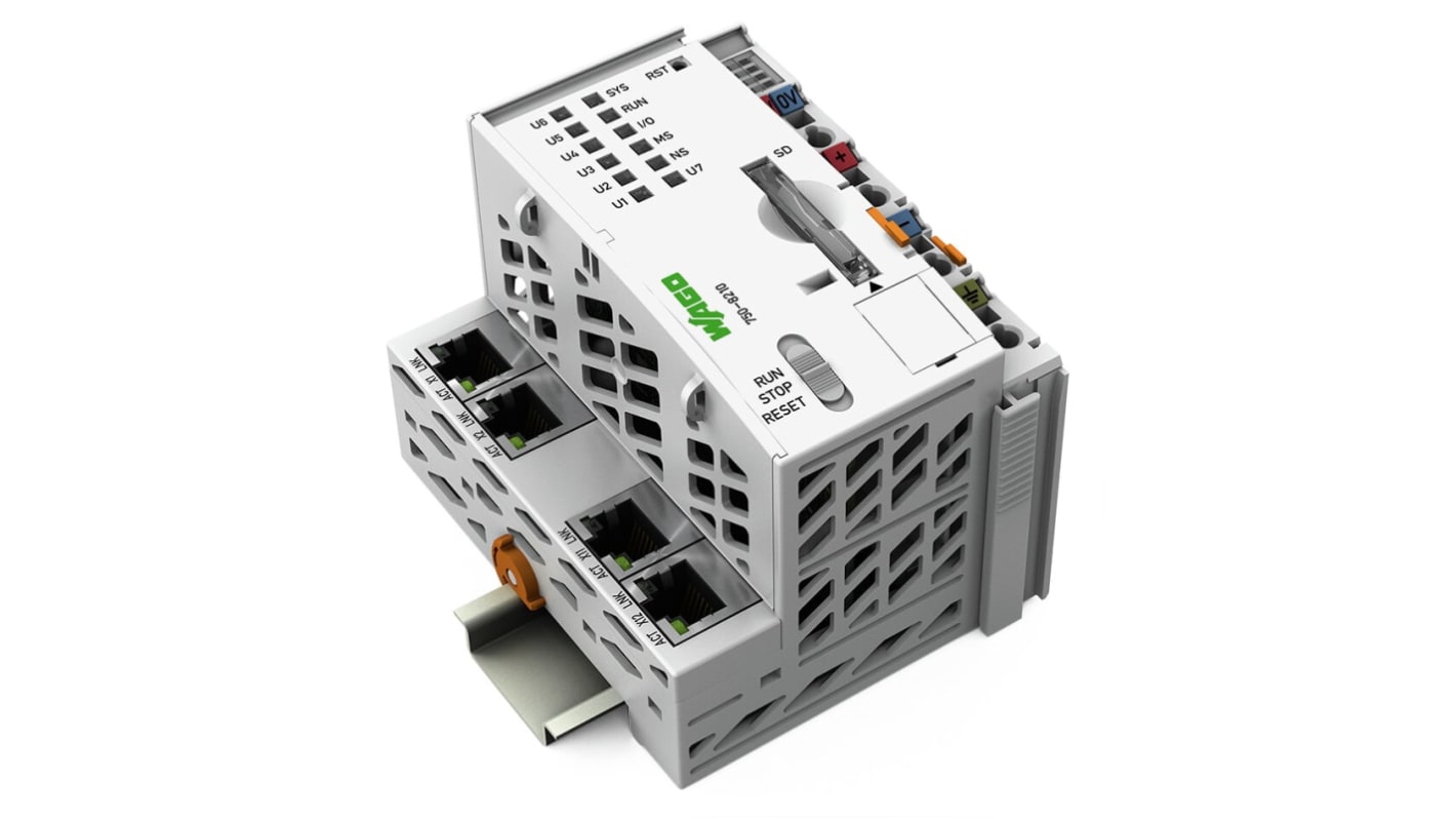 Modulo comunicazione Wago 750-8210/025-000 PFC200, 4 ingressi, 4 porte Ethernet, IP20, alimentazione 24 V, senza manutenzione.