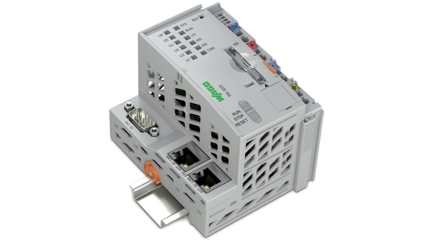 Modulo di comunicazione Wago 750-8213 PFC200, 2 porte Ethernet, interfacce CAN, alimentazione 24 V, IP20.