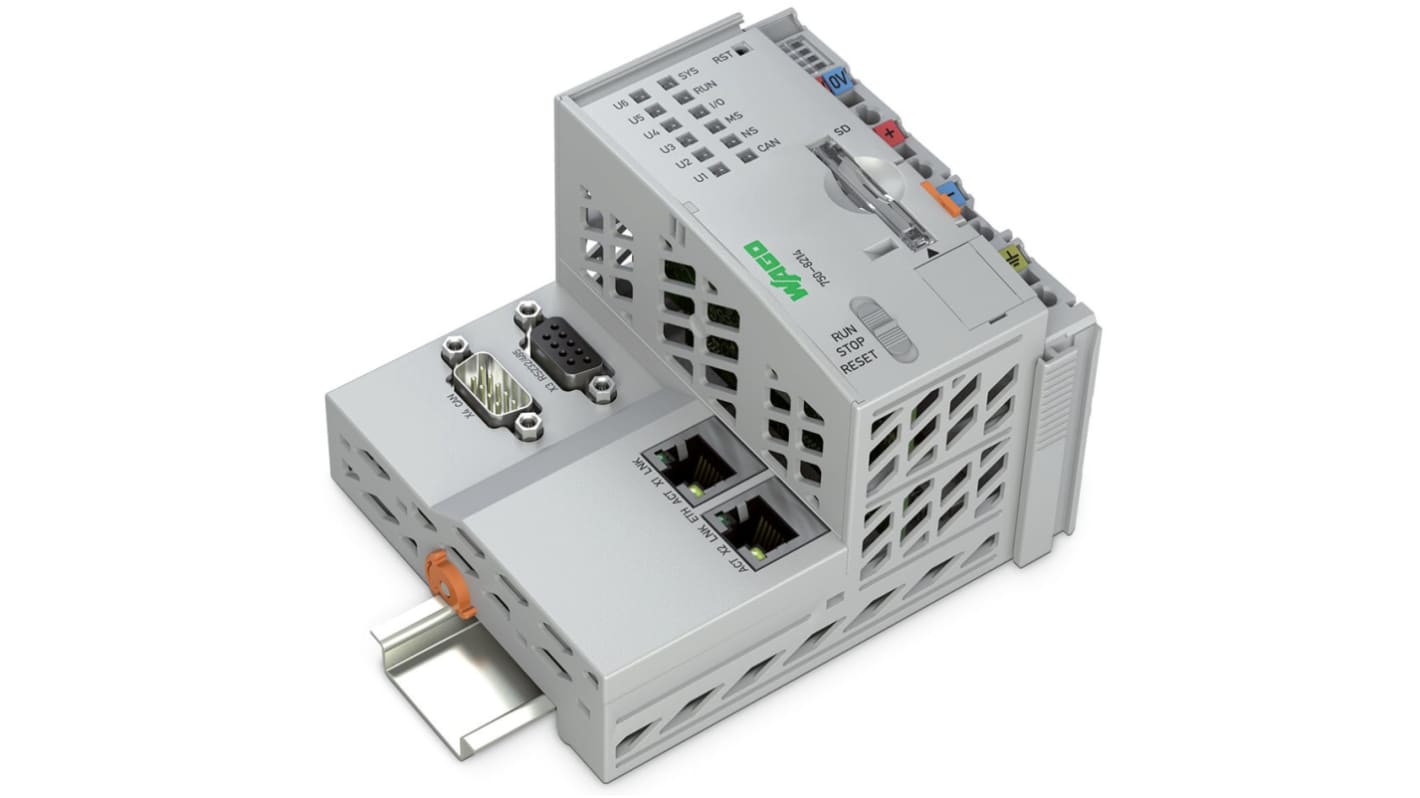 Modulo di comunicazione Wago 7508214 PFC200, PLC compatto con due interfacce Ethernet e alimentazione 24 V.