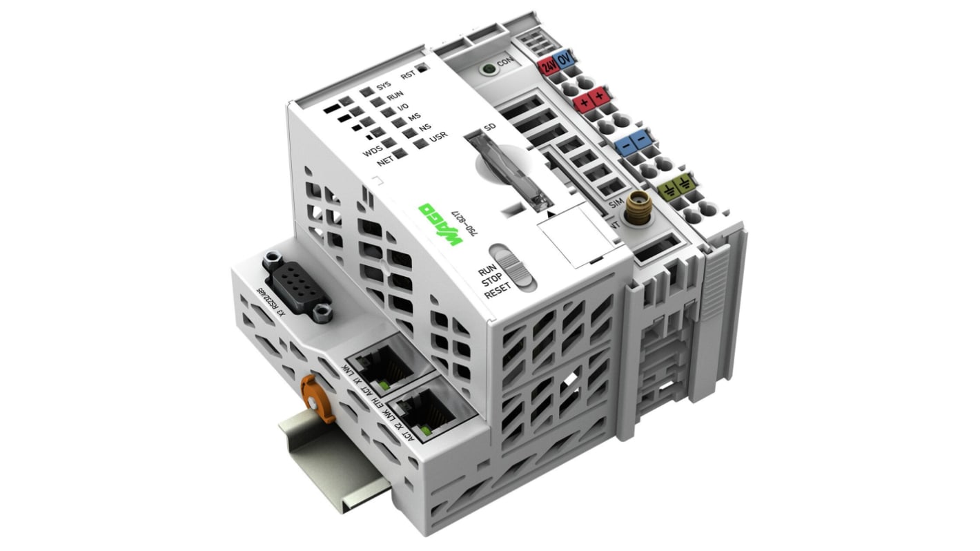 Modulo di comunicazione Wago 7508217 PFC200, con 2 porte Ethernet e supporto per RS 232/RS 485, alimentazione 24 V.