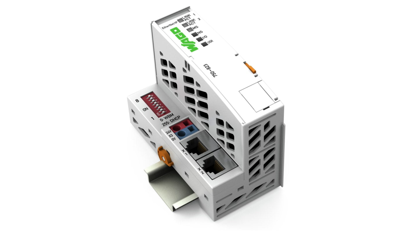 Wago 750-823, controller programmabile con 2 ingressi, montaggio su guida DIN-35, alimentazione 24 V, grado di protezione IP20.