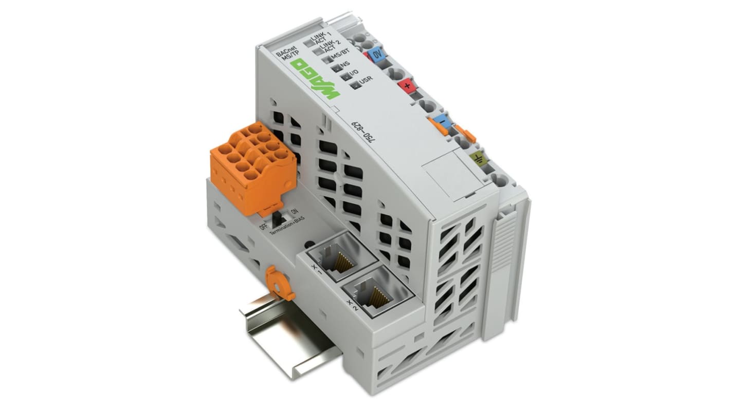 Wago 750-829, controller BACnet MS/TP, 1 ingresso, alimentazione 24 V, peso 168,9 g, contenitore in policarbonato.