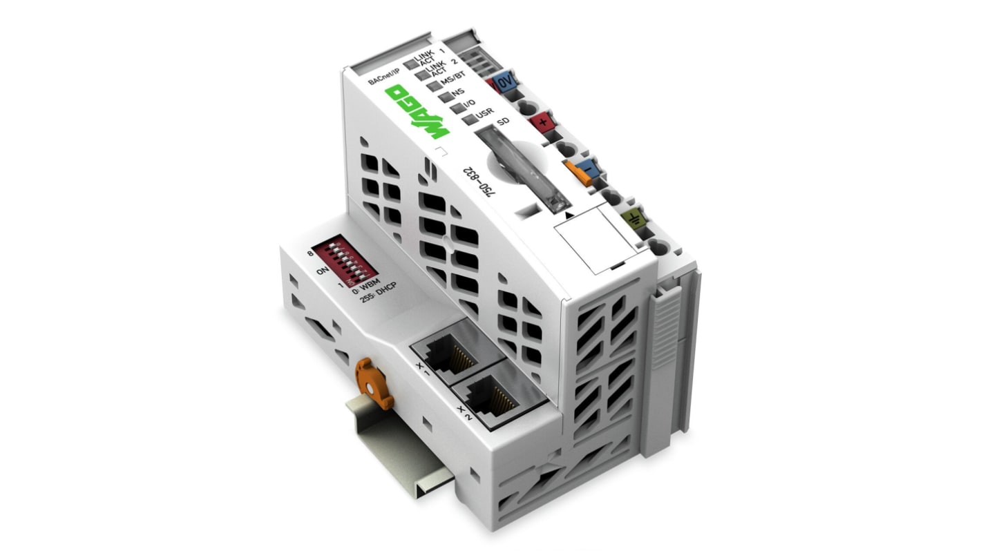 Controller Wago 750-832 BACnet/IP, 2 ingressi, alimentazione 24 V, grado di protezione IP20, conforme RoHS.