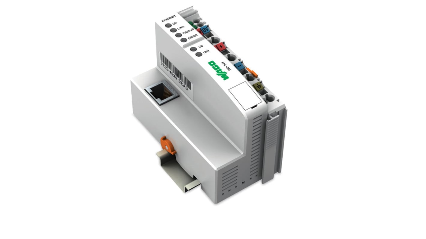 Wago 750-843, controller Ethernet compatto con 1 ingresso, alimentazione 24 V, programmazione IEC 61131-3.