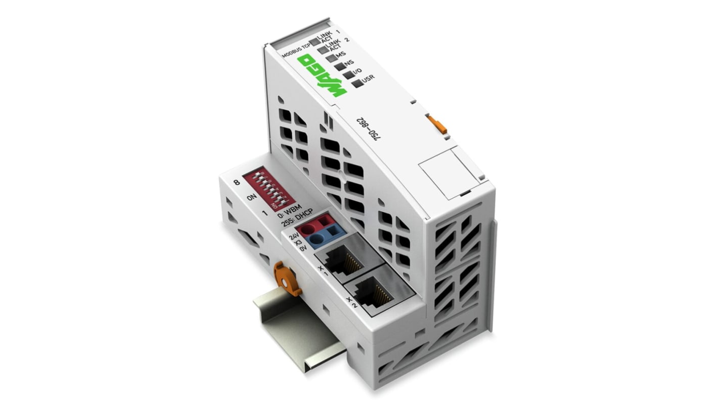 Wago 750-862, controller programmabile per reti Ethernet, 2 ingressi, montaggio su guida DIN-35, alimentazione 24 V.