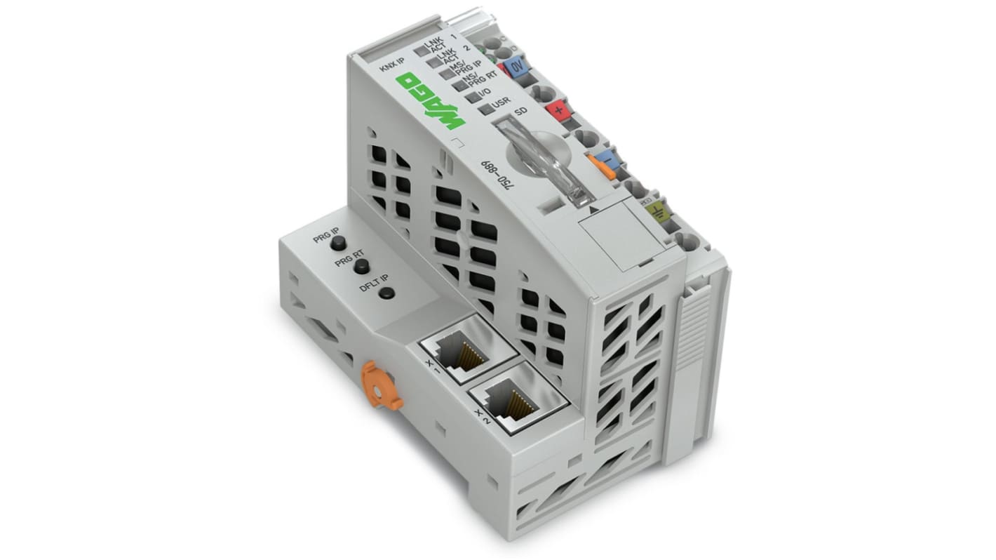 Controller Wago 750-889 per applicazioni KNX, montaggio su guida DIN-35, alimentazione 24 V, grado di protezione IP20.